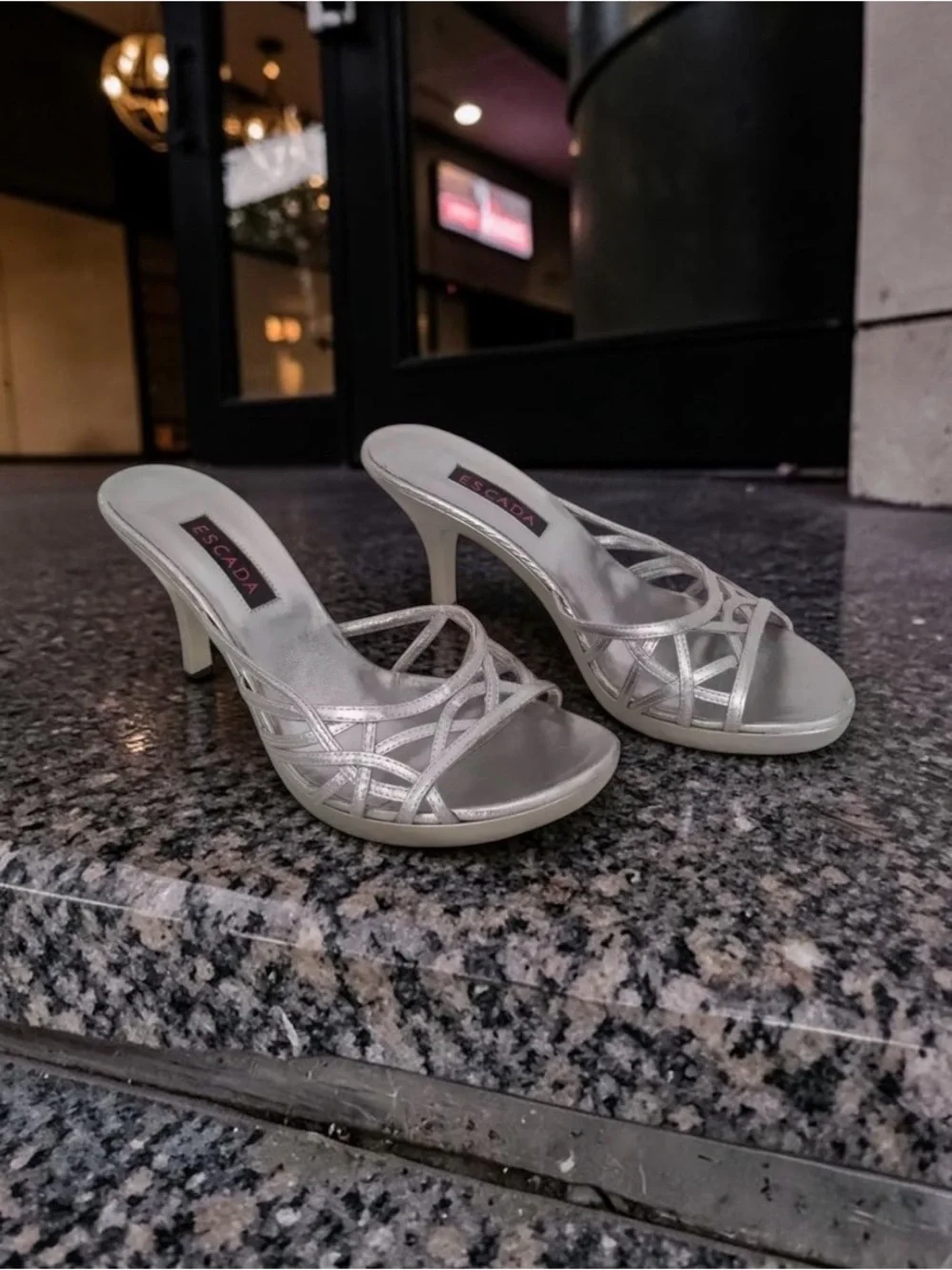 🔥 Escada Metallic Silver Strappy Heeled Mules — Elegant Evening Glam